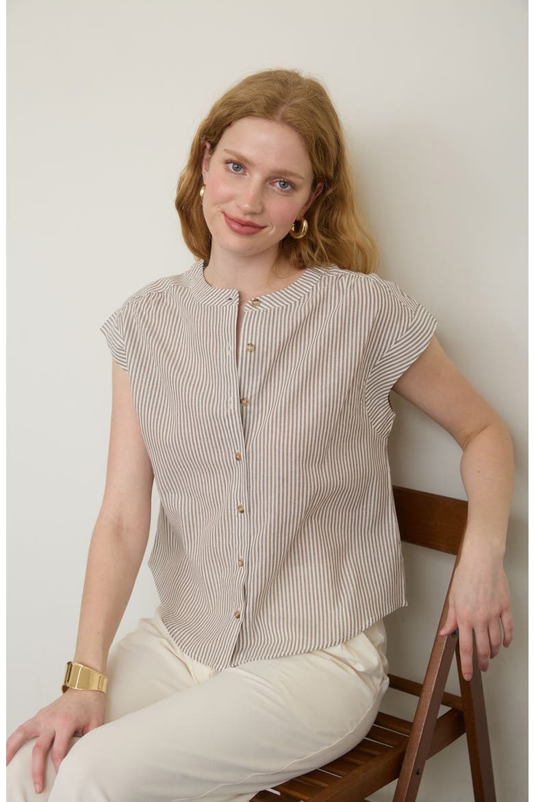 Stripe Cap Sleeve Button-Up Top, Alternate, color, BROWN