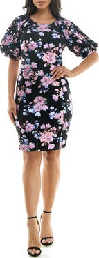 Nina Leonard Floral Puff Sleeve Dress