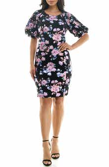 Nina Leonard Floral Puff Sleeve Dress