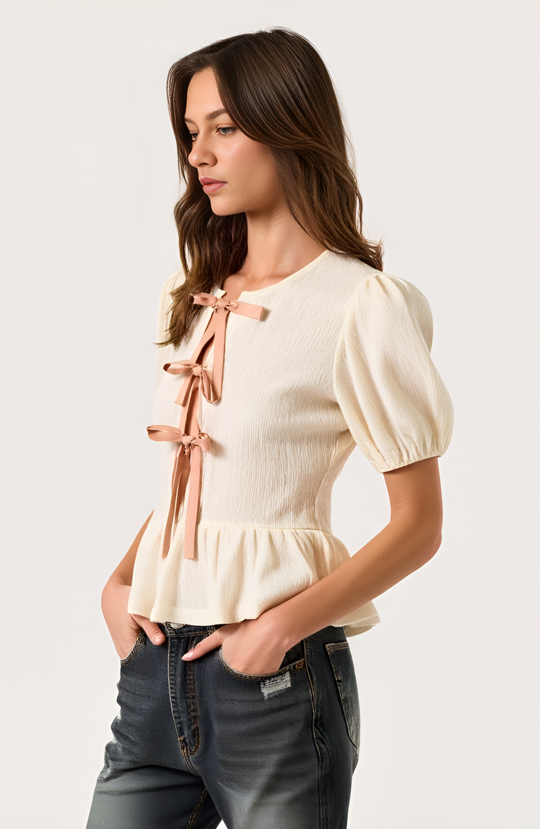 Modenaire Puff-Sleeve Peplum Blouse with Bow-Tie Front Detail, Alternate, color, Off-White / Cream