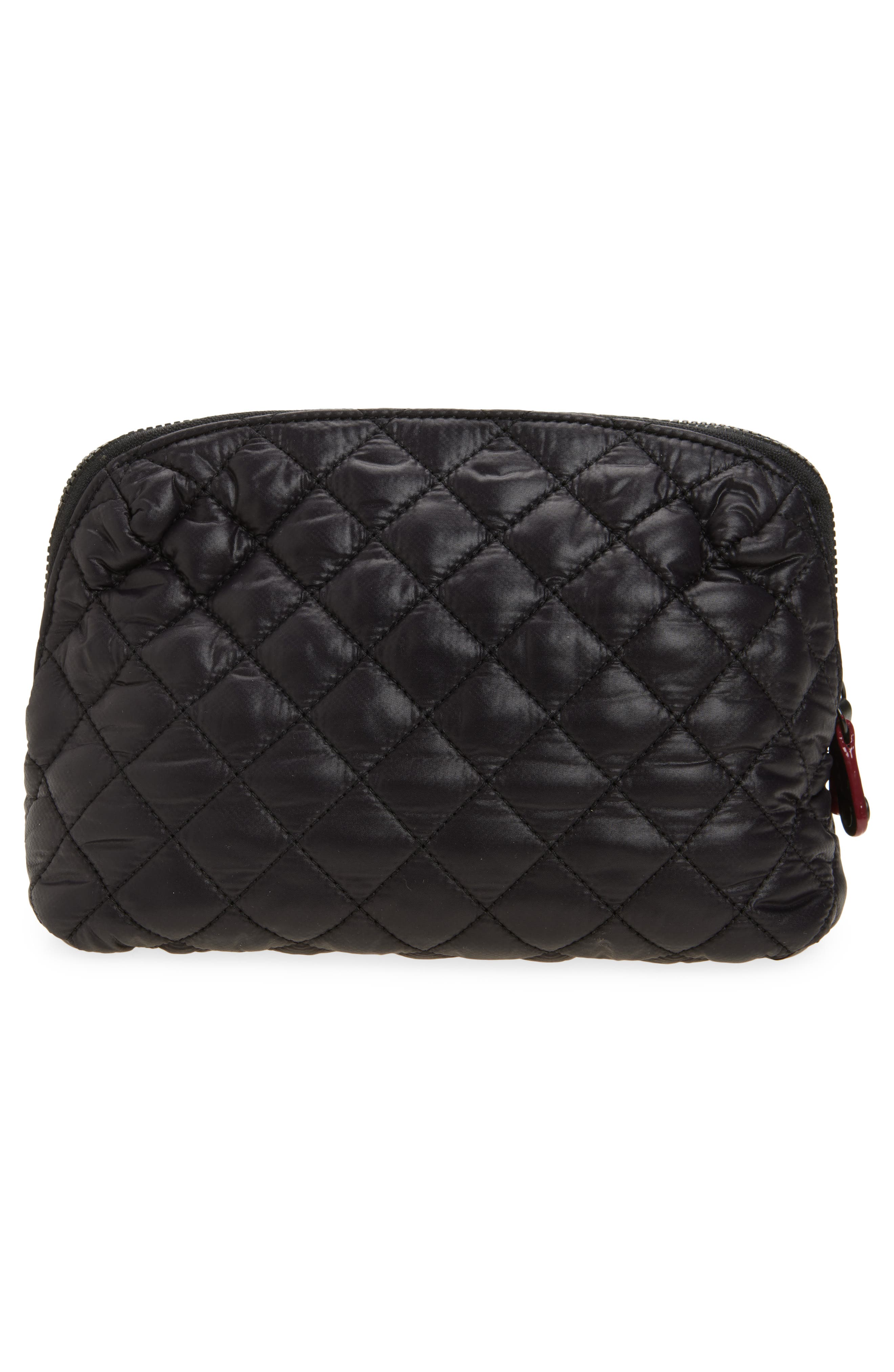 Medium Double Zip Quilted Cosmetics Pouch, Alternate, color, BLACK