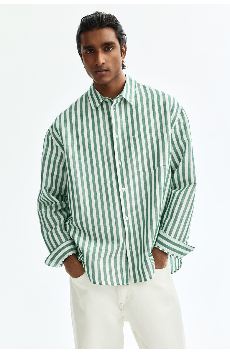 H&M Relaxed Fit Linen-blend Shirt, Alternate, color, Green/Striped