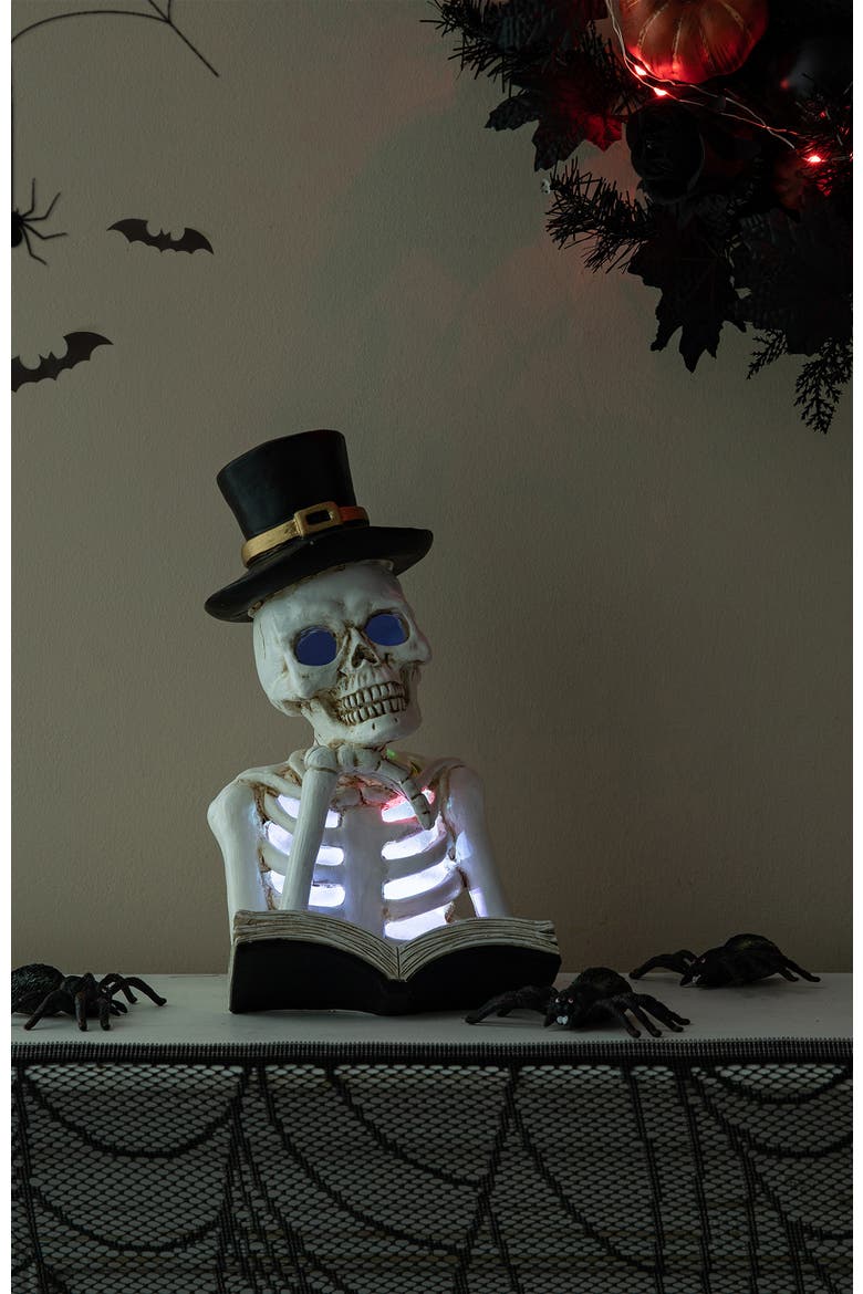 10.25"H Halloween Lighted Resin Skull Reading Book Table Decor, Alternate, color, White