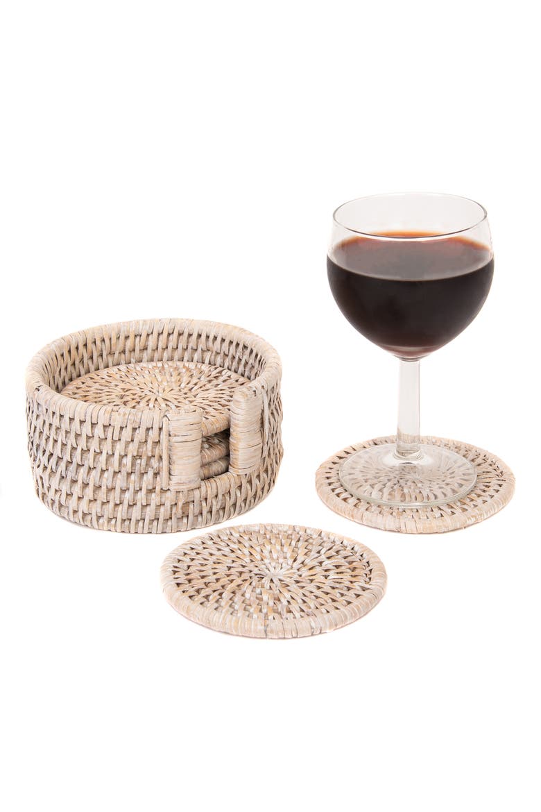 Artifacts Rattan Round Coasters with Box - 7 Piece Set, Main, color, White Wash