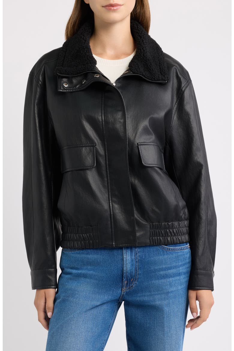 Faux Leather Stand Collar Bomber Jacket, Alternate, color, BLACK
