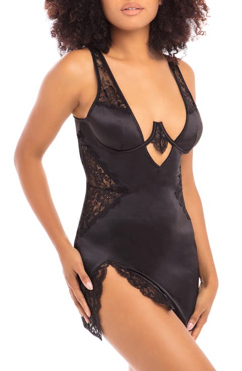 Plunge Neck Underwire Chemise with Lace Inset
