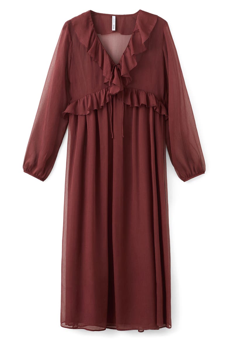 Ruffle Trim Long Sleeve Maxi Dress, Main, color, BROWN