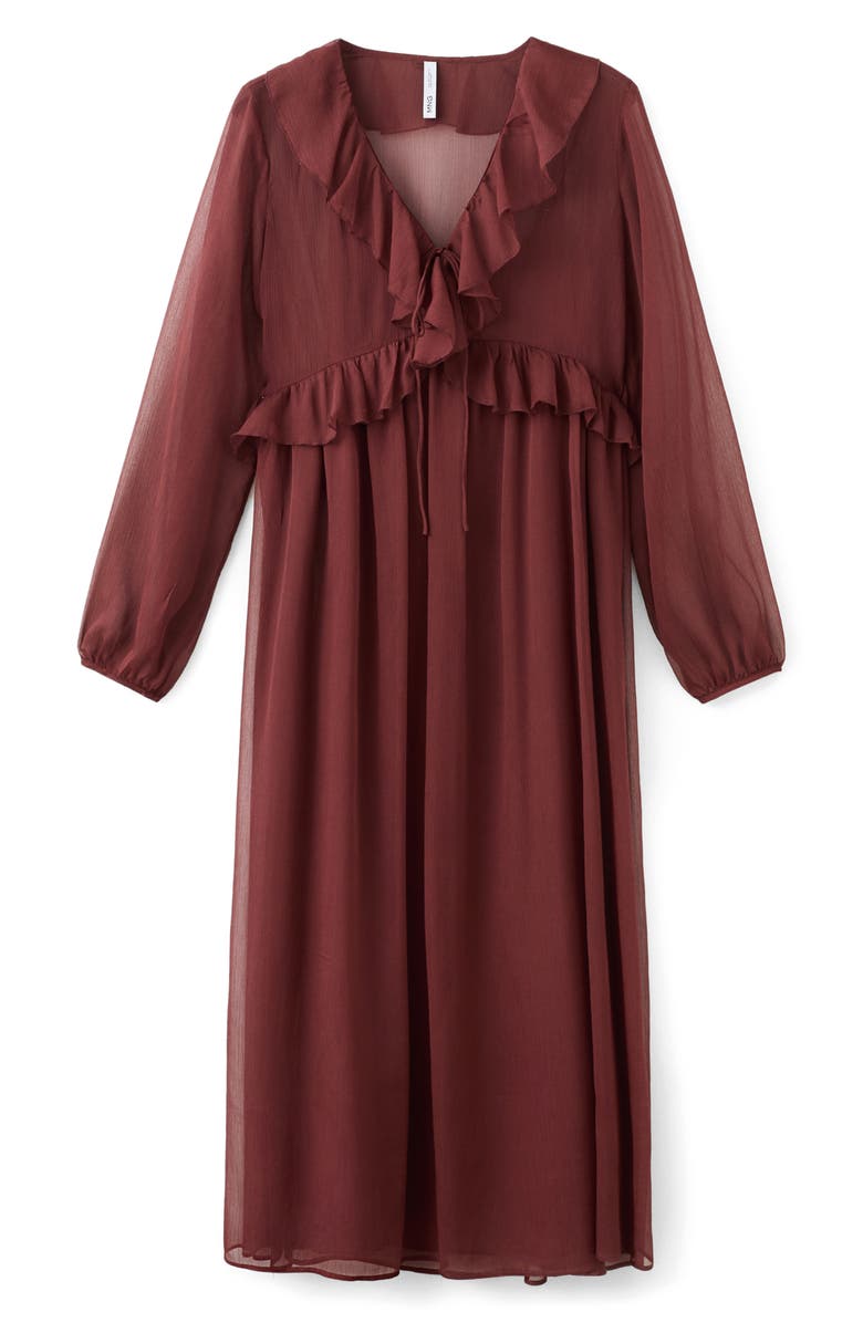 MANGO Ruffle Trim Long Sleeve Maxi Dress, Main, color, Brown