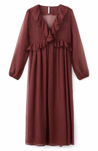 Ruffle Trim Long Sleeve Maxi Dress