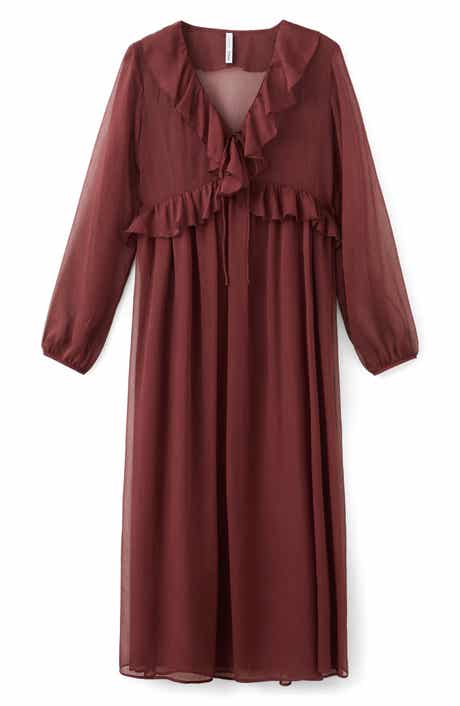 Ruffle Trim Long Sleeve Maxi Dress