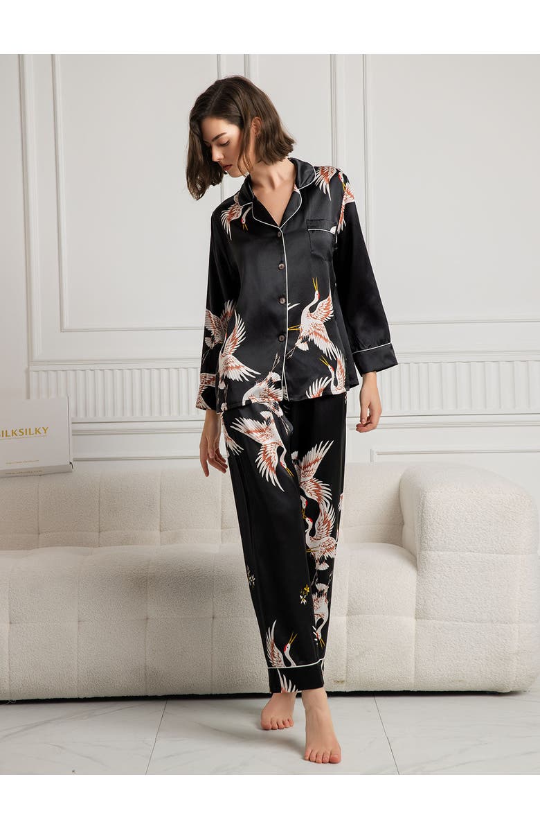 SILKSILKY 19Momme Pure Silk Printed Classic Binding Trim Womens Pajama set, Alternate, color, Black