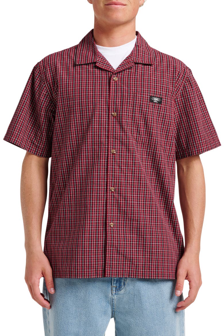 Liquid Metal Plaid Cotton Blend Camp Shirt, Main, color, BIKING RED