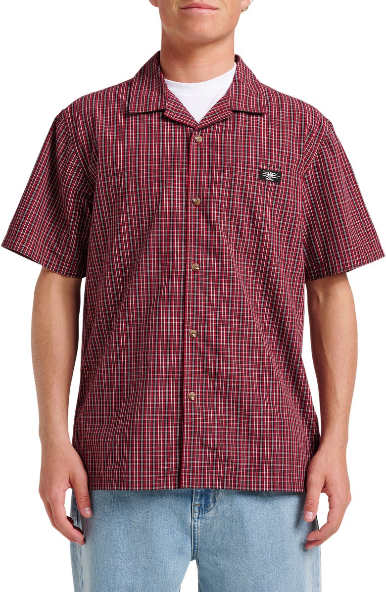 Quiksilver Liquid Metal Plaid Cotton Blend Camp Shirt, Main, color, Biking Red