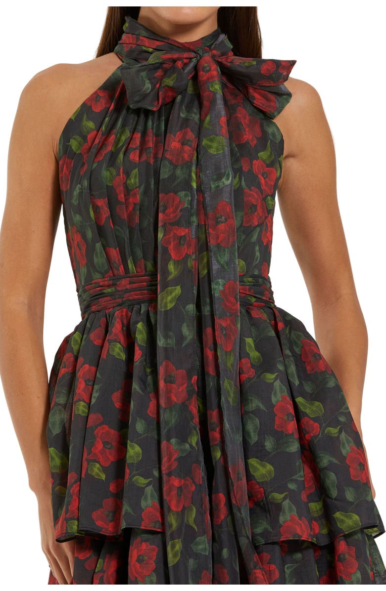Mac Duggal Floral Chiffon Tiered Midi Dress with Neck Bow, Alternate, color, Black Multi