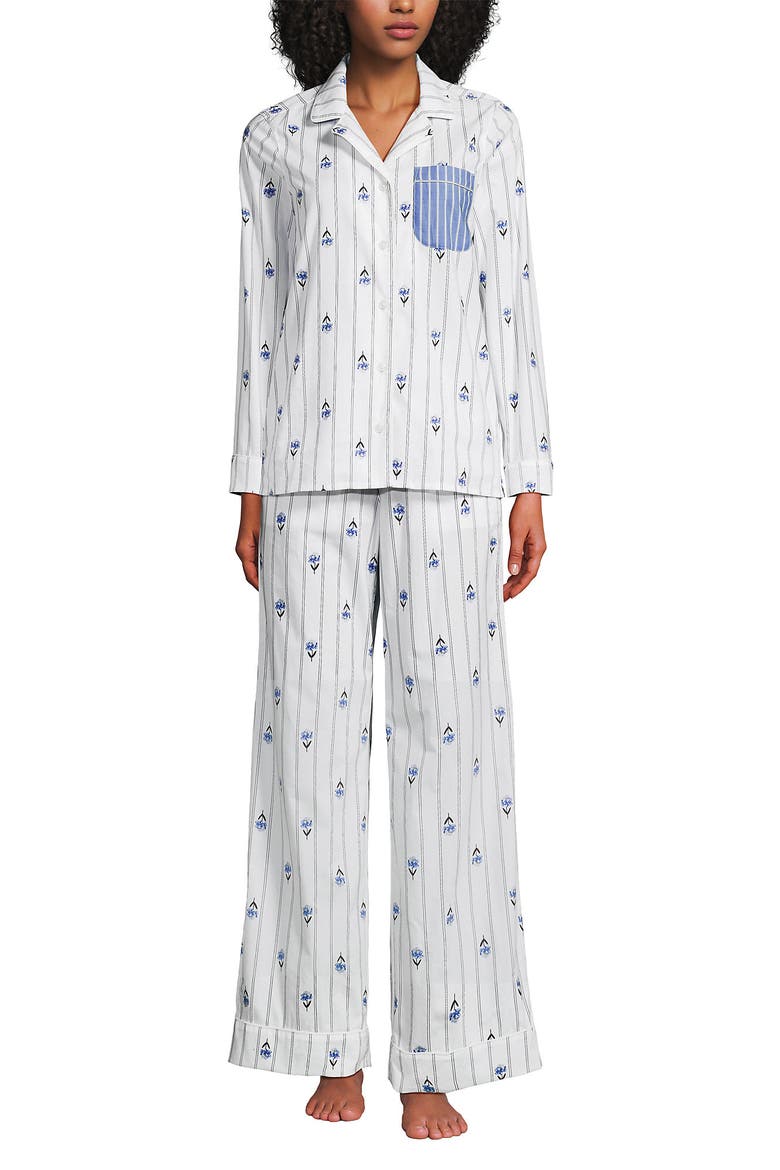 Cotton Poplin 2 Piece Pajama Set - Long Sleeve Top and Pants, Alternate, color, White/Blue Floral Stripe