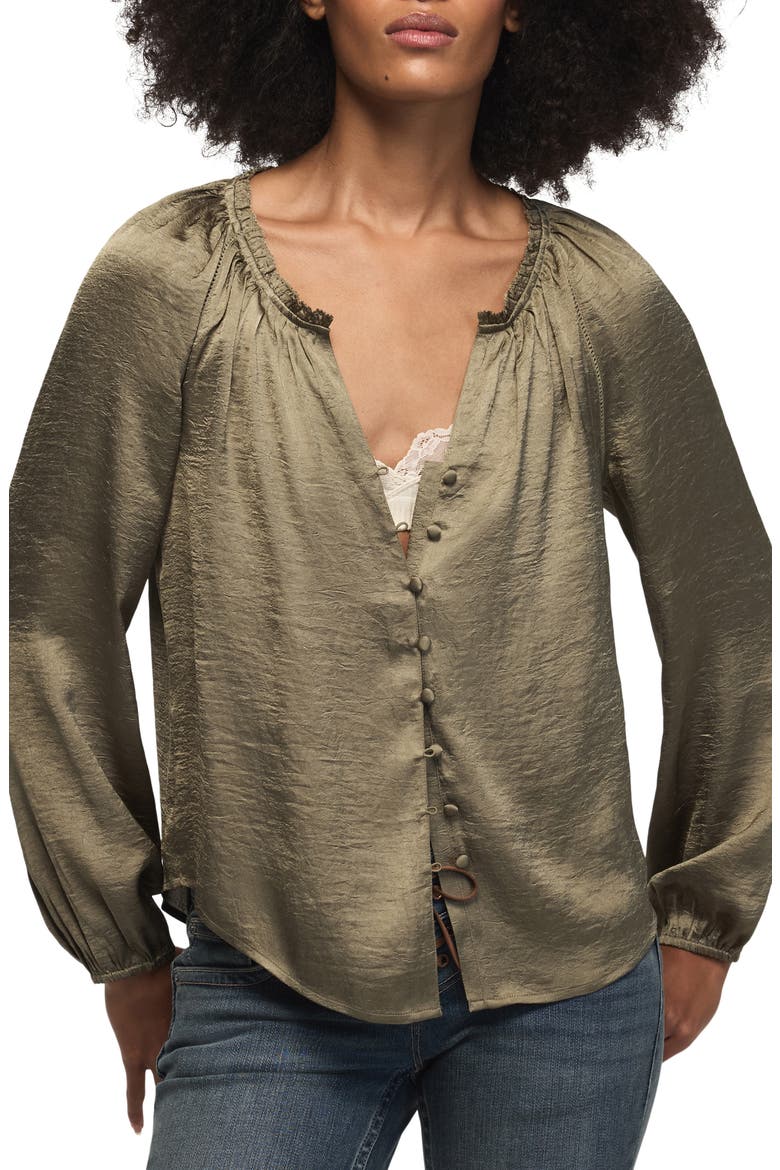 Hammered Satin Peasant Top, Main, color, DUSTY OLIVE