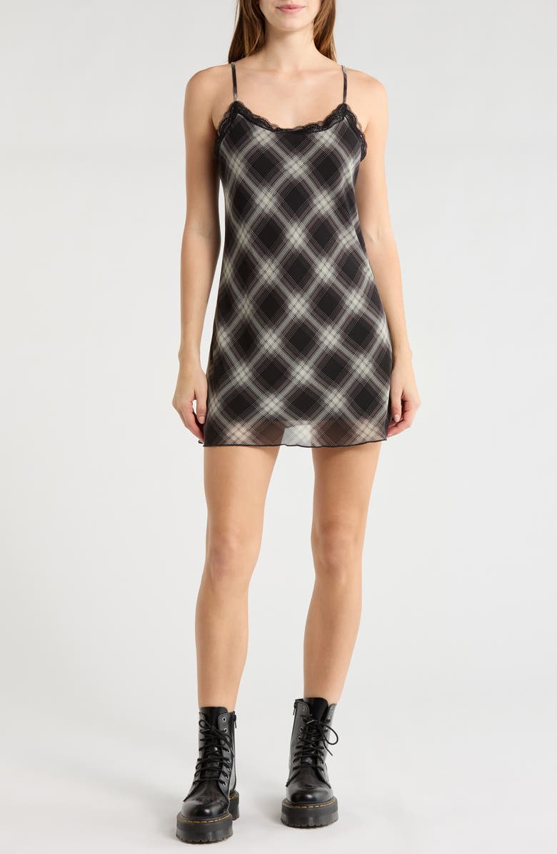Elodie Plaid Mesh Cami Minidress, Main, color, Black