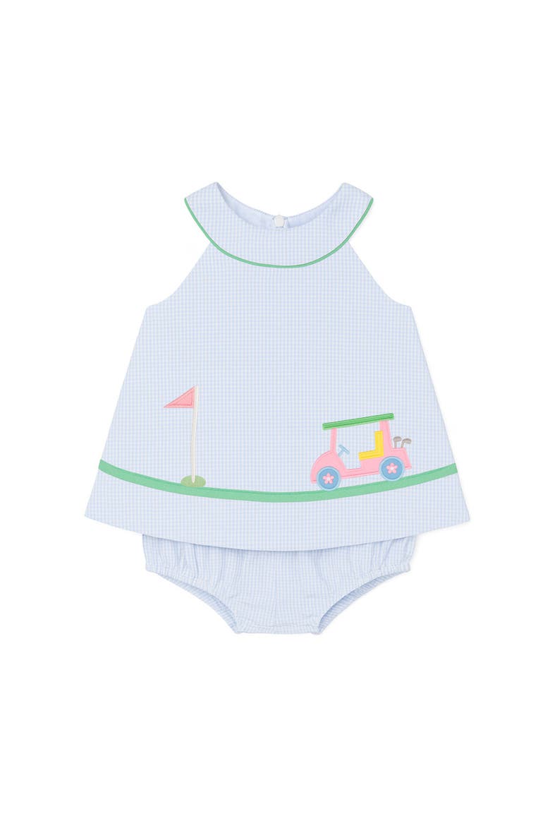 Check Seersucker Skirted Romper with Golf Cart, Main, color, Blue/White