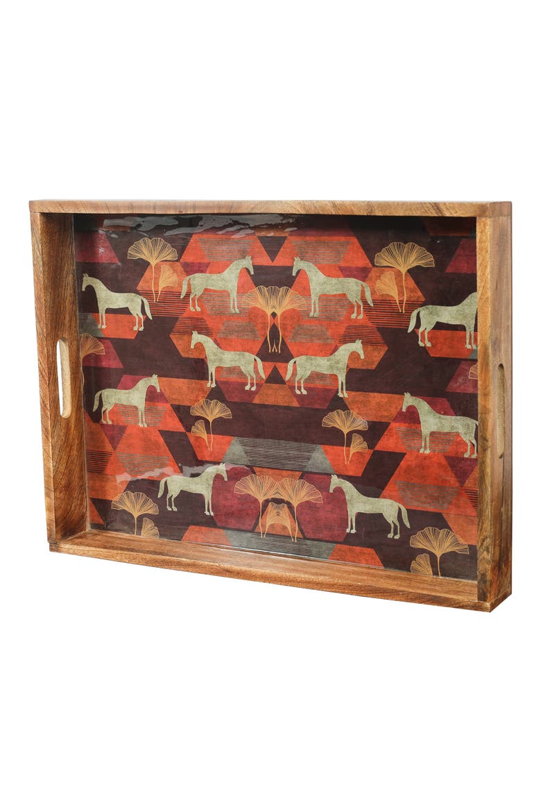 Horse Print 3-Piece Wooden Tray Set, Alternate, color, RED/ GOLD