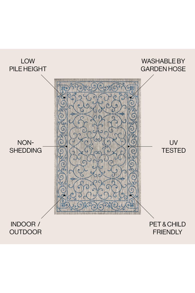 Charleston Vintage Filigree Textured Weave Indoor/Outdoor Area Rug, Alternate, color, Gray/Navy