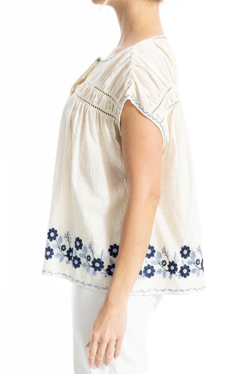Max Studio Embroidered Half Button Top In White
