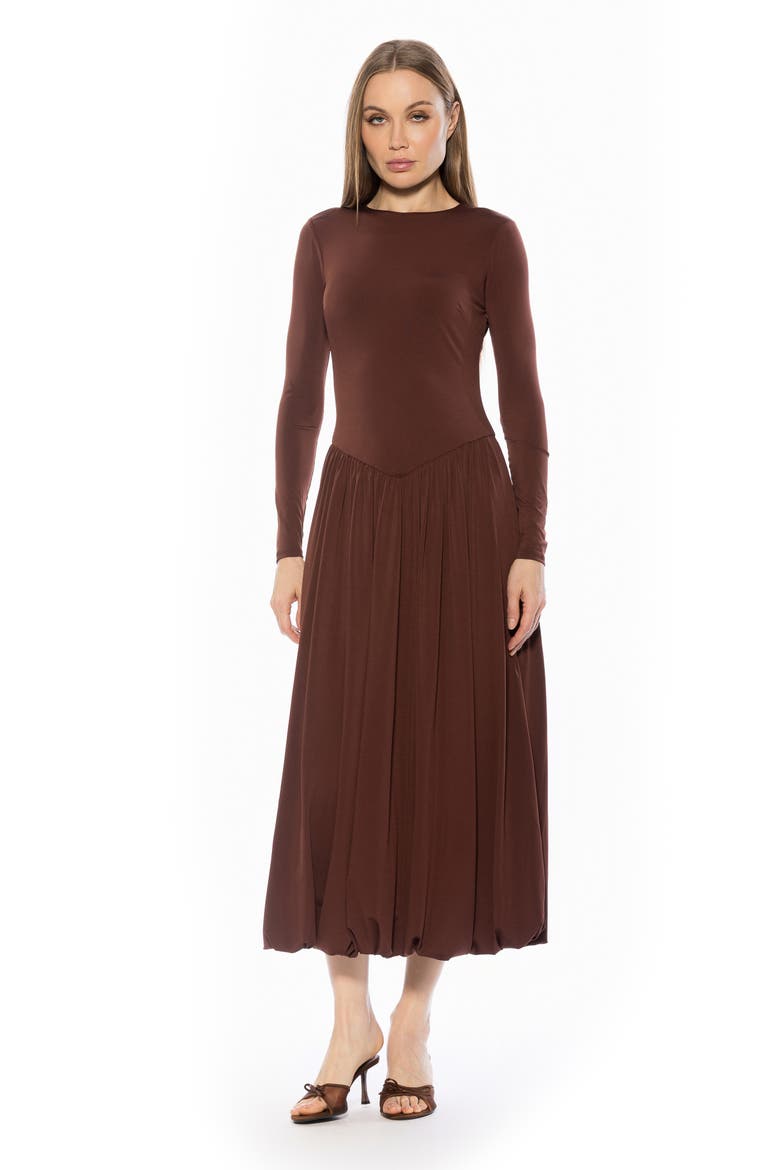 Eero Crewneck Long Sleeve Bubble Hem Midi Dress, Alternate, color, BROWN