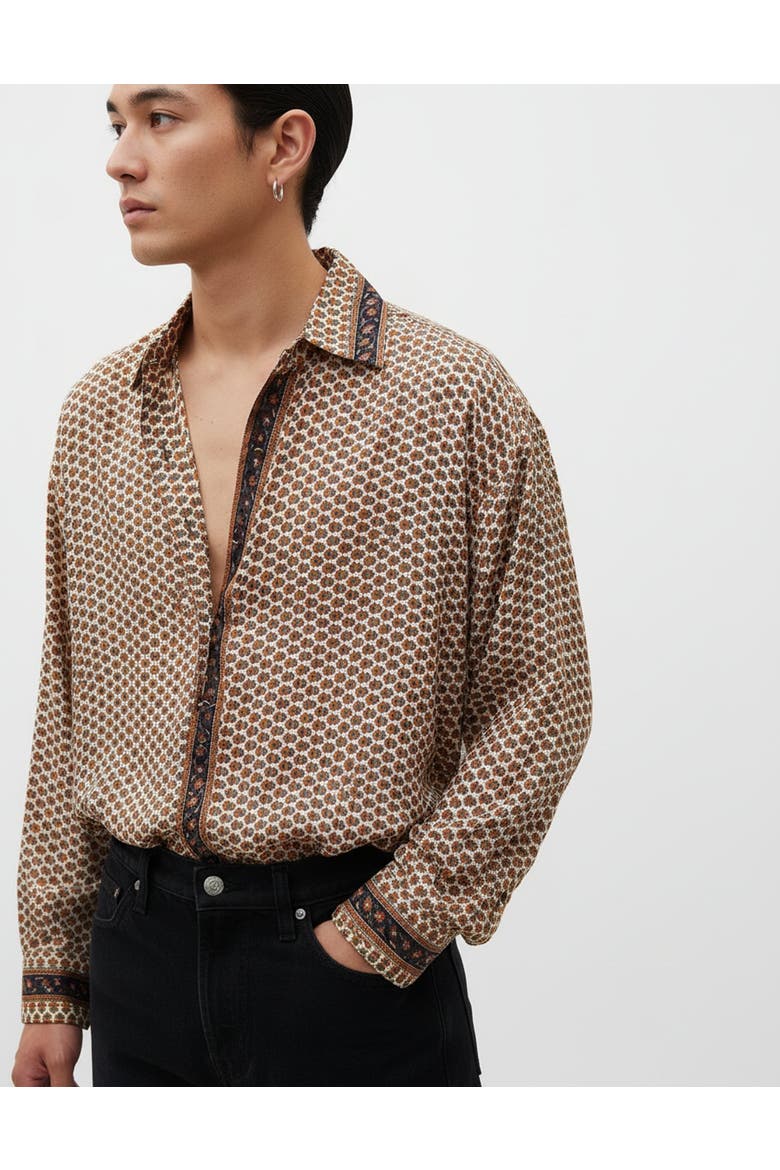 Embossed Botanical Long Sleeve Crepe Shirt, Main, color, Copper blue