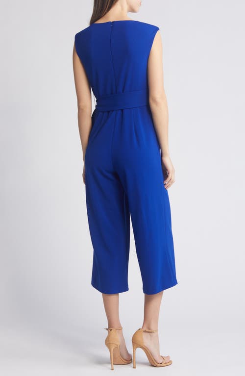 Tahari Asl Side Tie Scuba Crepe Crop Wide Leg Jumpsuit In Cobalt