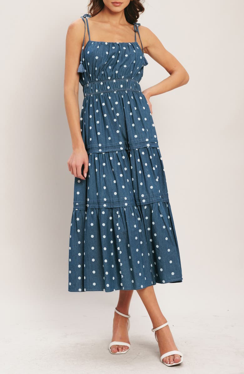 FLYING TOMATO Tie Strap Chambray Dress, Main, color, Medium Indigo