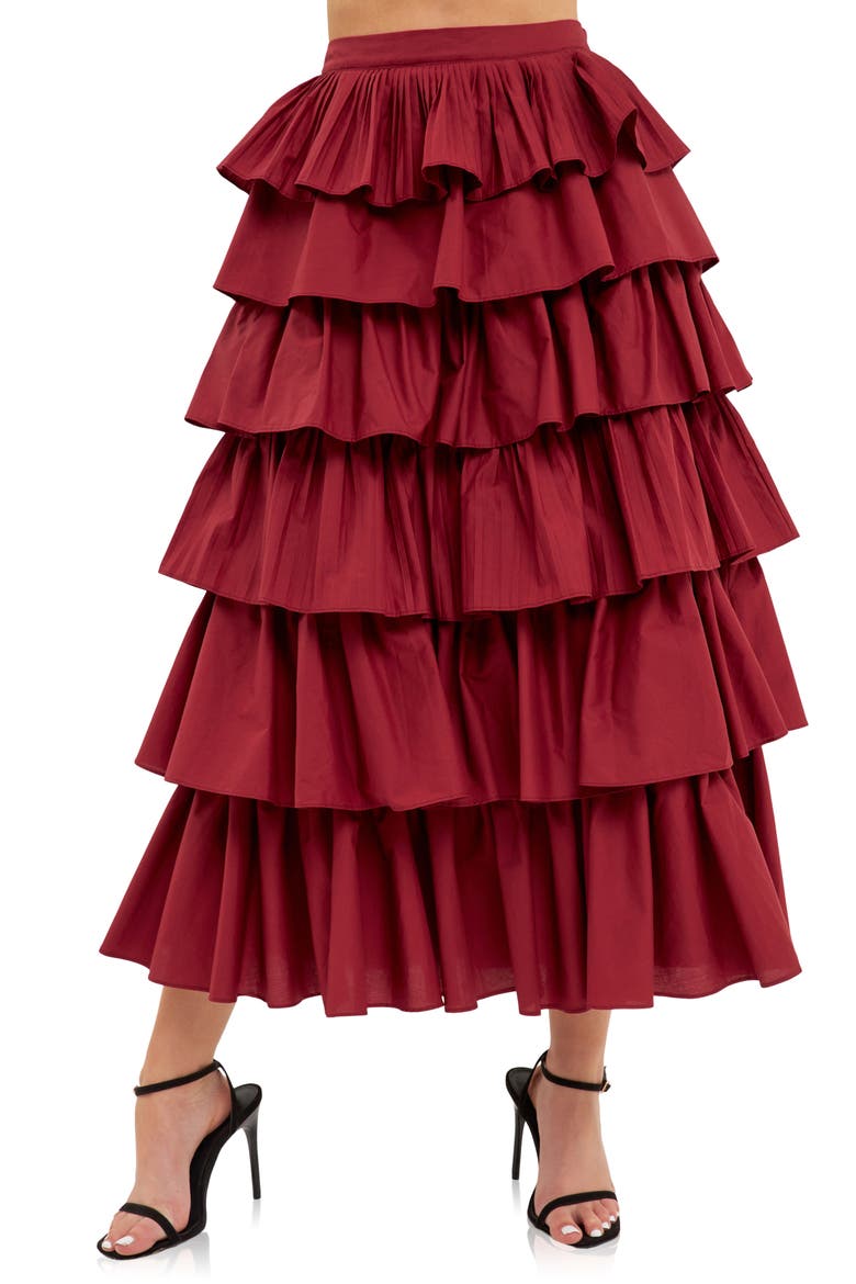 Pleated Tiered Maxi Skirt, Alternate, color, BURGUNDY