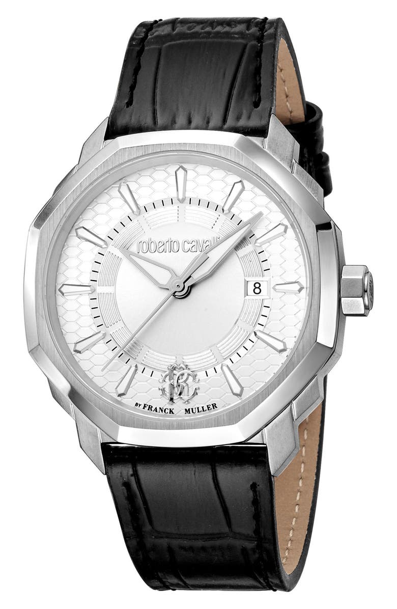 Roberto Cavalli by Franck Muller Croc Embossed Leather Strap Watch, 42mm, Main, color, 
