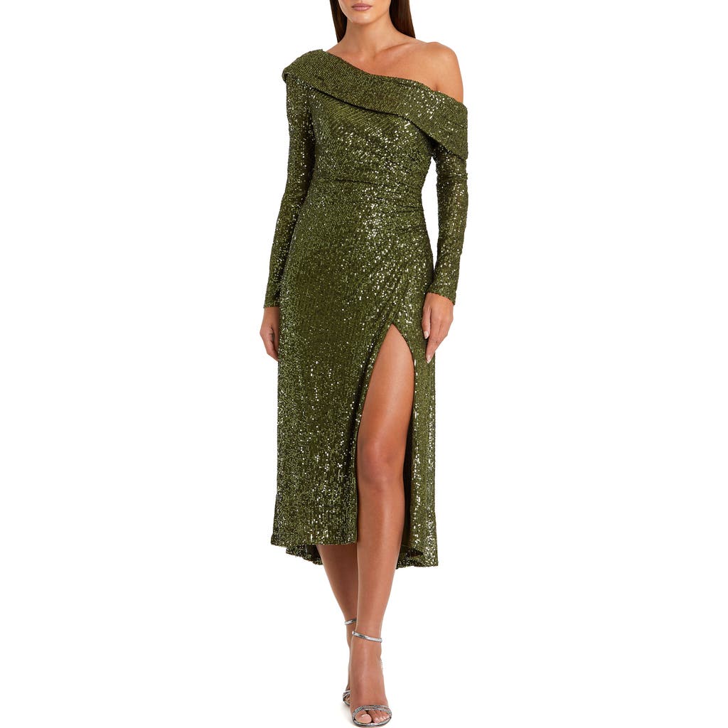Mac Duggal One Shoulder Sequin Long Sleeve Midi Dress In Green