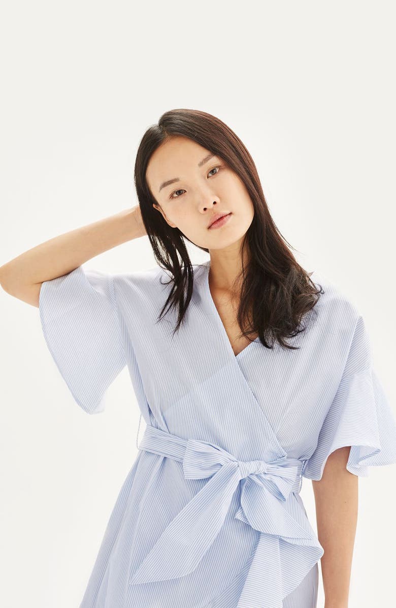 Topshop Stripe Ruffle Wrap Dress, Alternate, color, 