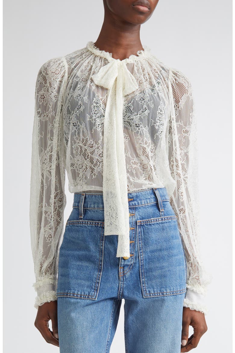 Iliana Pussybow Tie Sheer Cotton Lace Top, Alternate, color, PEARL