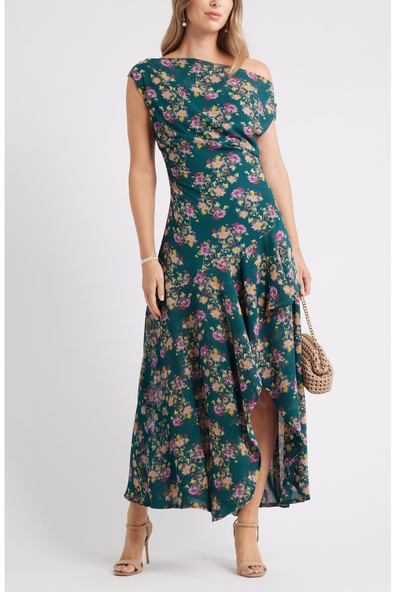 Cascading Off the Shoulder Evening Dress, Alternate, color, GREEN- ZOE GARDEN