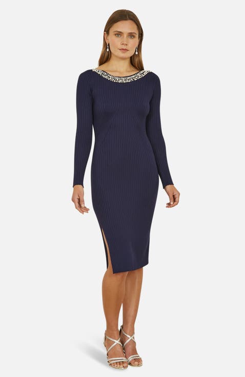 Bedazzled Neck Fitted Midi Knitted Dress