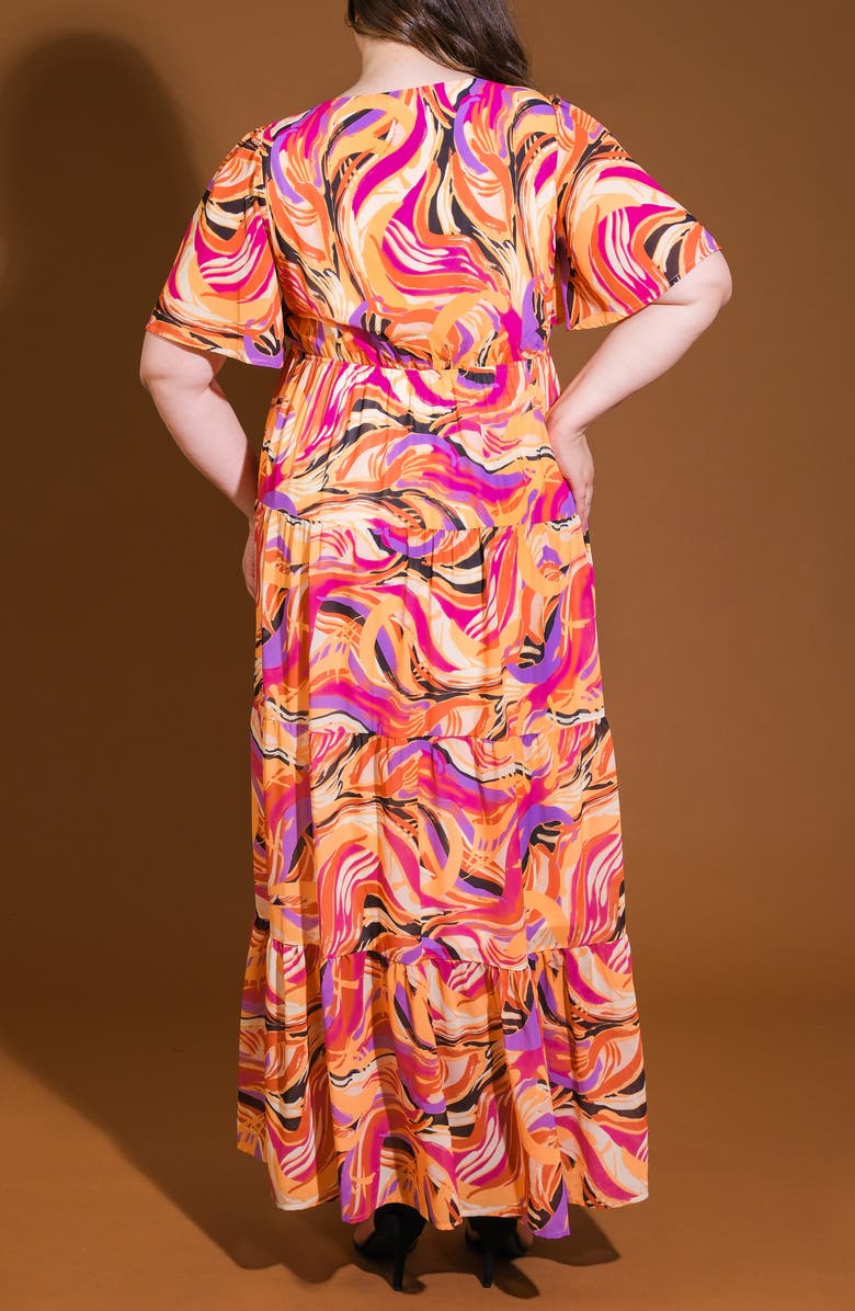 FLYING TOMATO Printed Tiered Maxi Dress, Alternate, color, Mustard Magenta