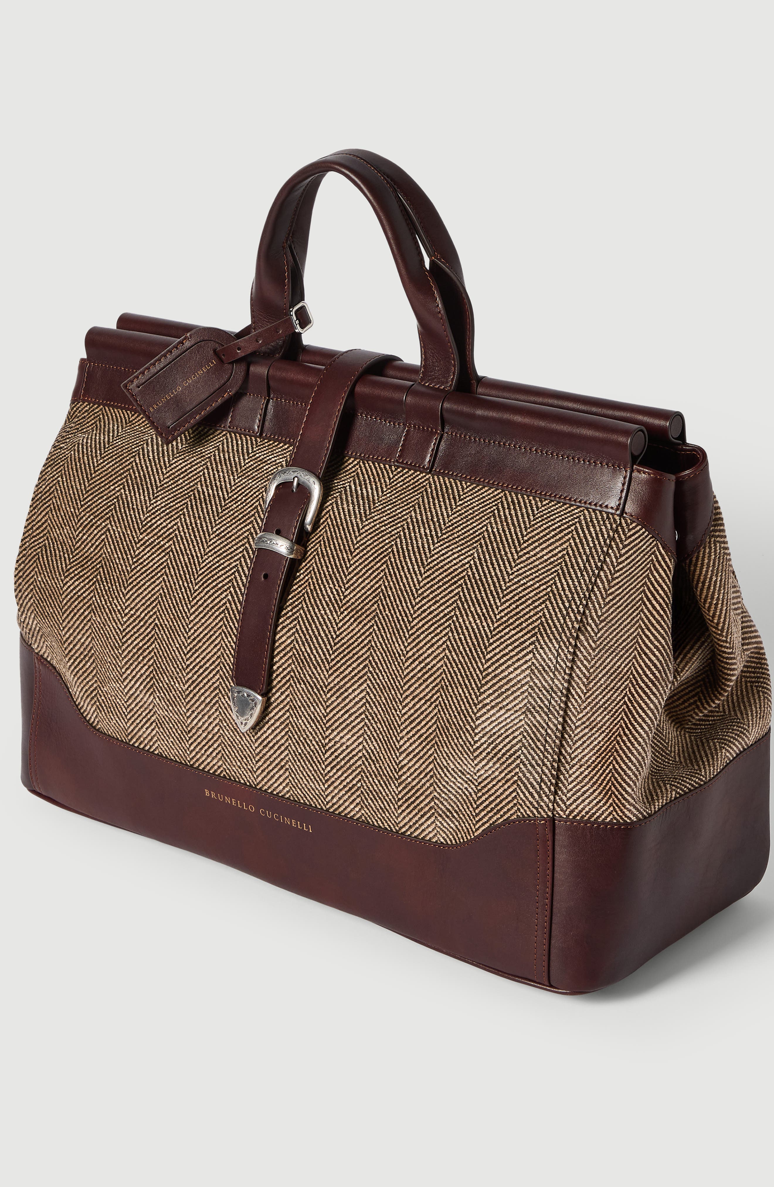 Burnished calfskin and chevron-effect techno fabric doctor bag, Alternate, color, Brown