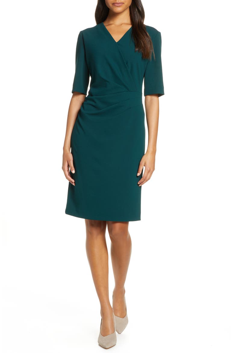 Pleat Detail Sheath Dress, Main, color, BOTTLE GREEN