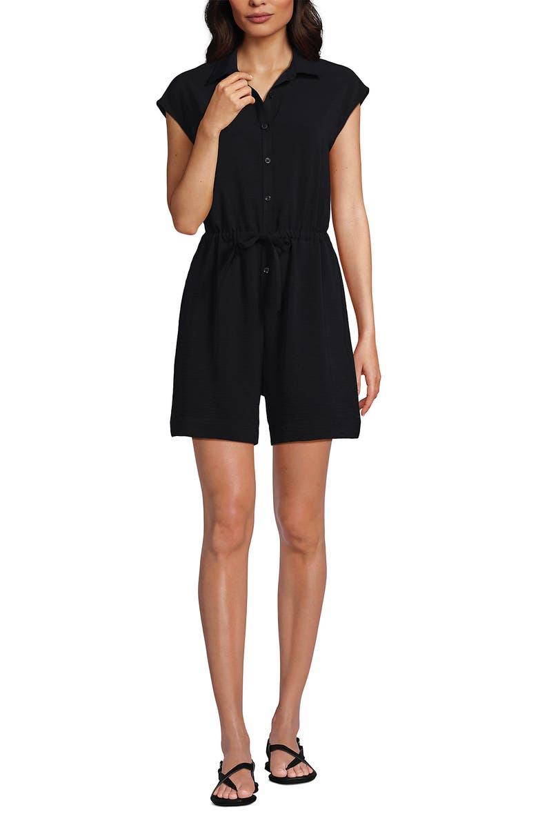 Lands' End Cap Sleeve Creaseless Button-Down Romper, Alternate, color, Black