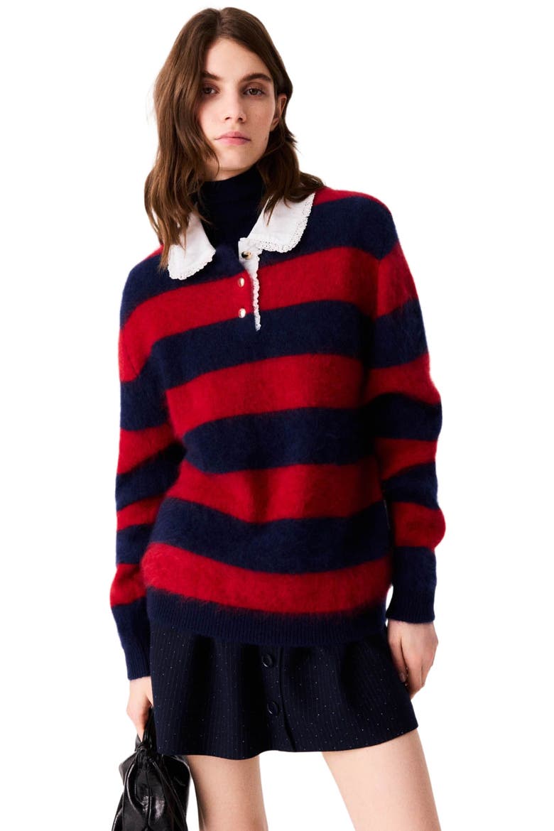 Fluffy sweater with poplin collar, Alternate, color, Navy/red