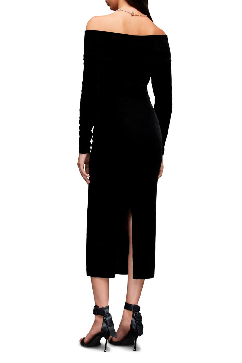 Delta Off the Shoulder Long Sleeve Velvet Midi Dress, Alternate, color, BLACK