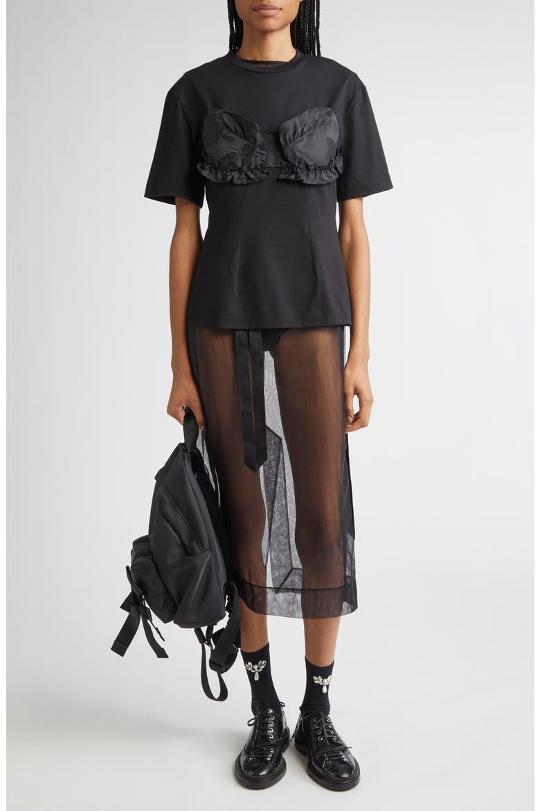 Bow Detail Sheer Tulle Midi Dress, Alternate, color, BLACK