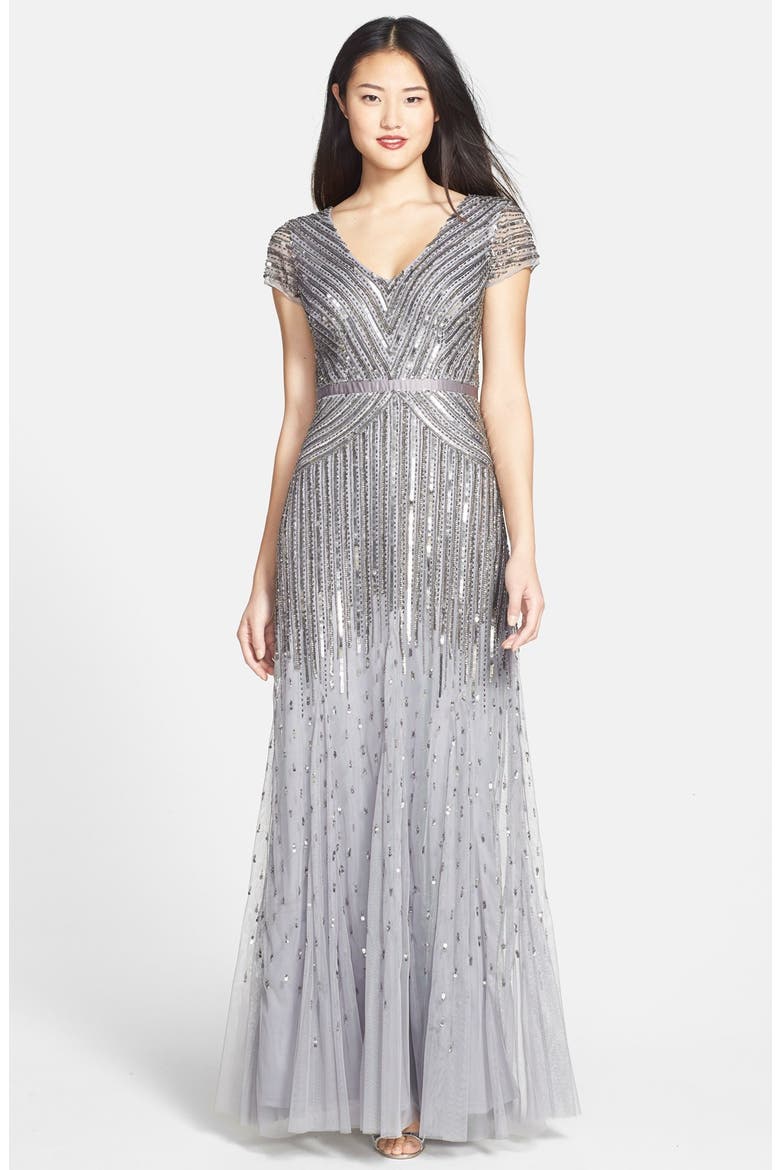 Embellished Mesh Gown, Main, color, SILVER GRAY
