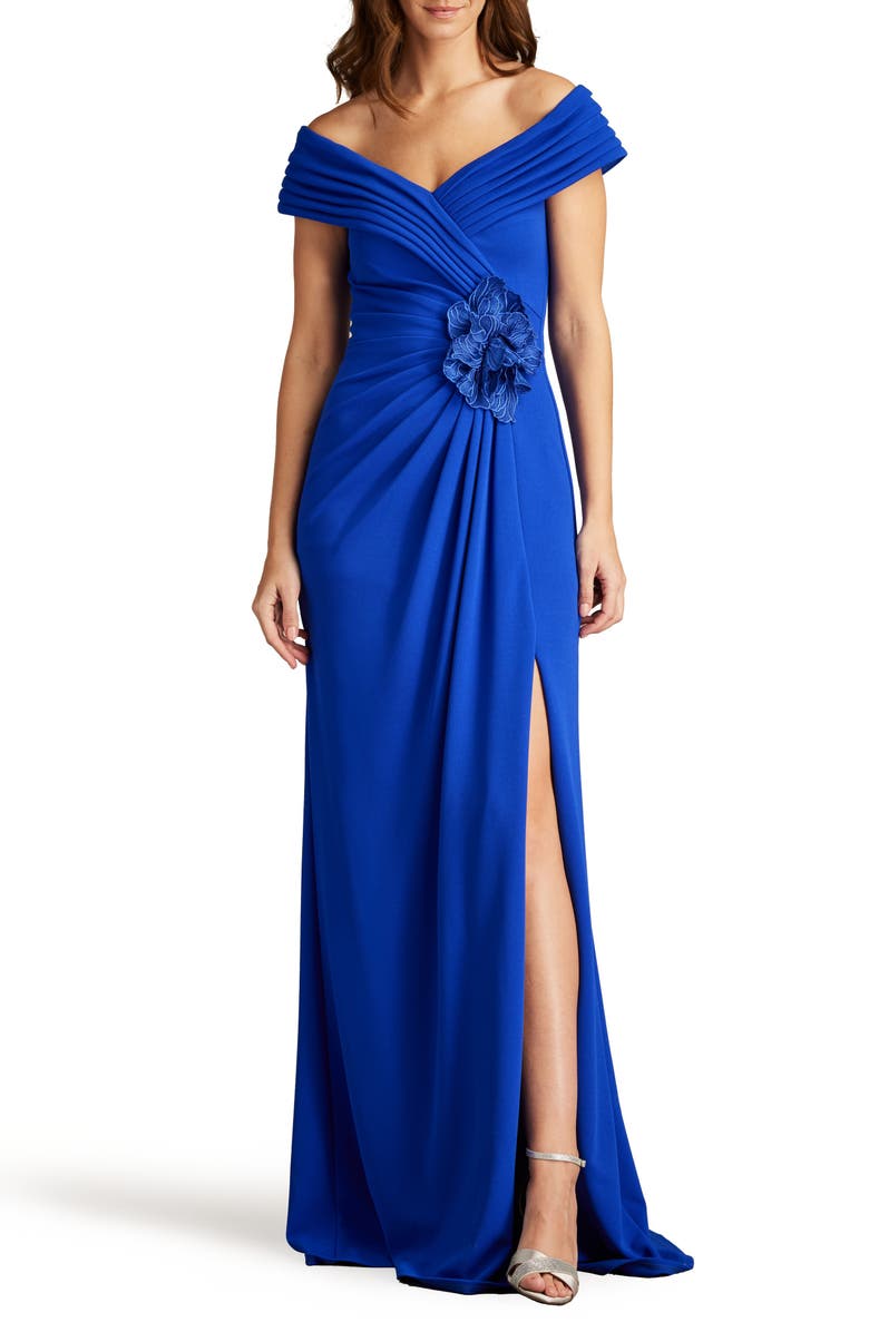 Tadashi Shoji Floral Detail Off the Shoulder Crepe Gown, Main, color, 