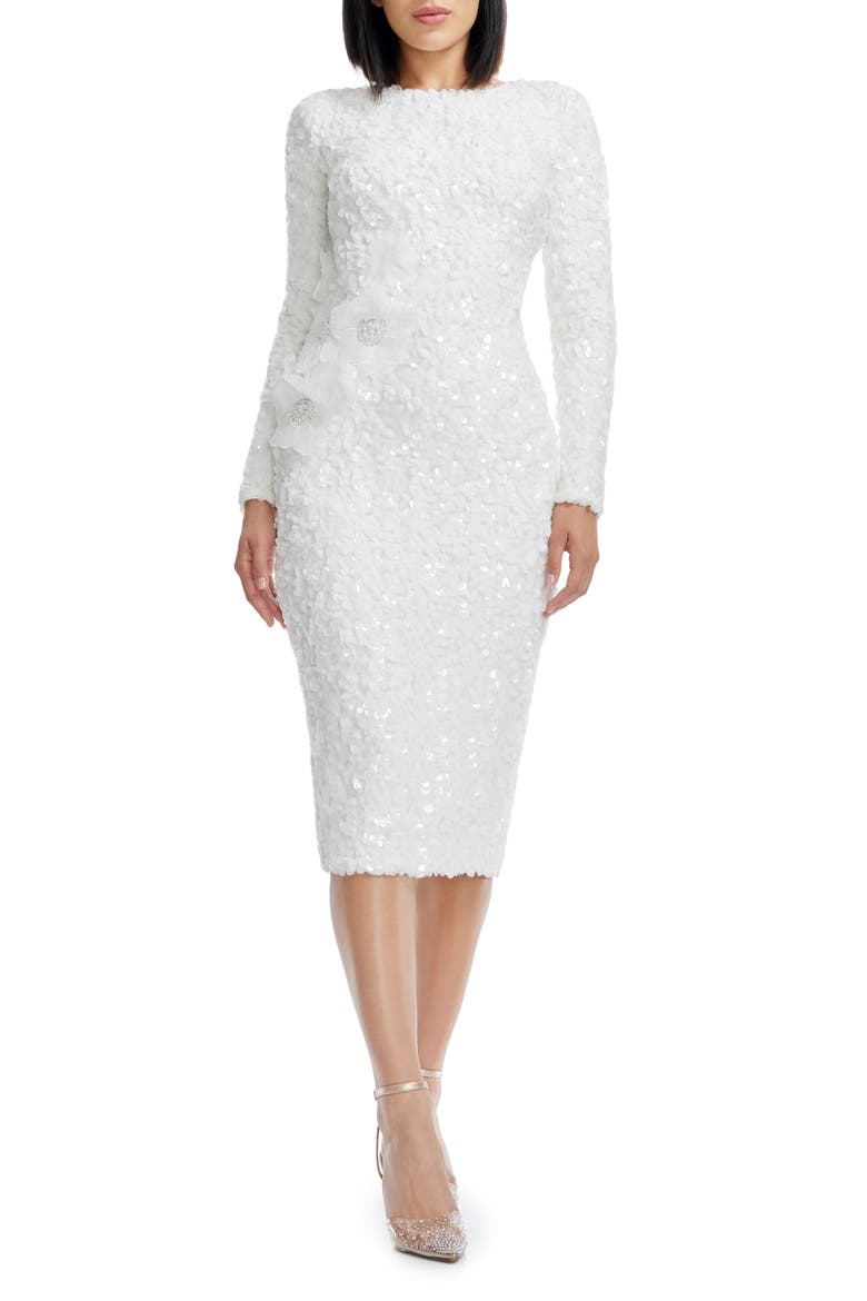 Emmalyn Floral Appliqué & Sequin Long Sleeve Body-Con Cocktail Dress, Main, color, WHITE