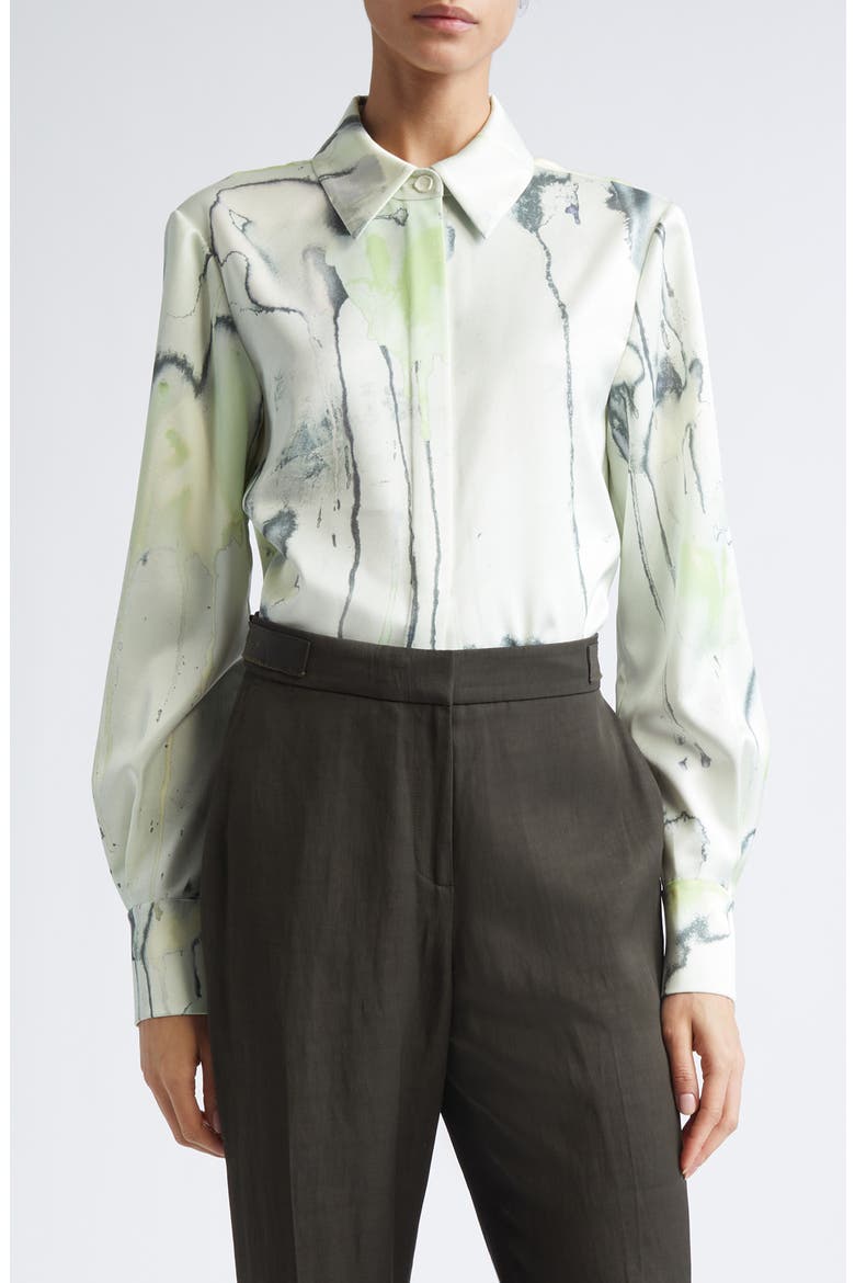 Watercolor Floral Silk Twill Button-Up Shirt, Main, color, LIGHT JADE MULTI