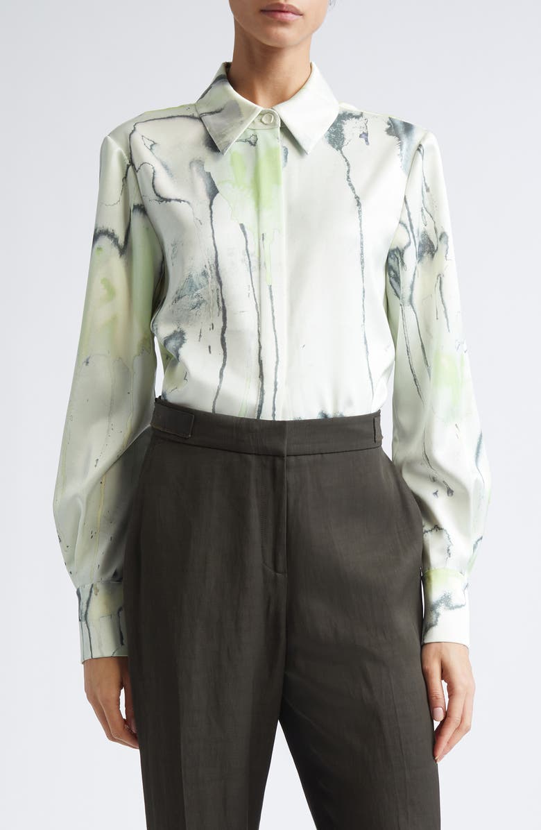 Jason Wu Collection Watercolor Floral Silk Twill Button-Up Shirt, Main, color, Light Jade Multi