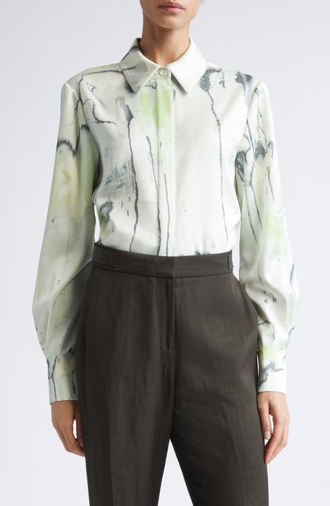 Watercolor Floral Silk Twill Button-Up Shirt