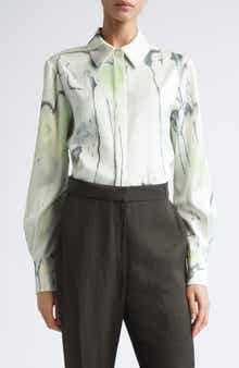 Watercolor Floral Silk Twill Button-Up Shirt